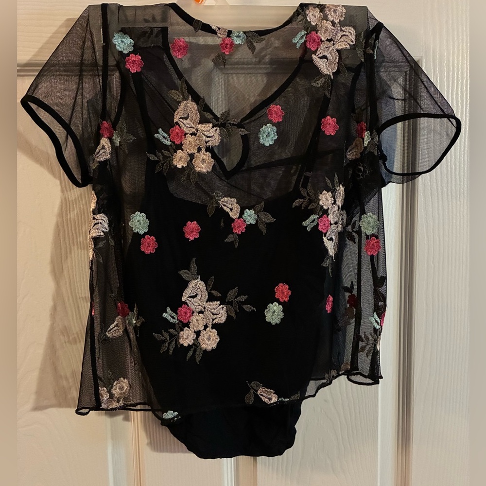 Floral Embroidered Sheer Black Over Layer with Black Under Layer Crop Top